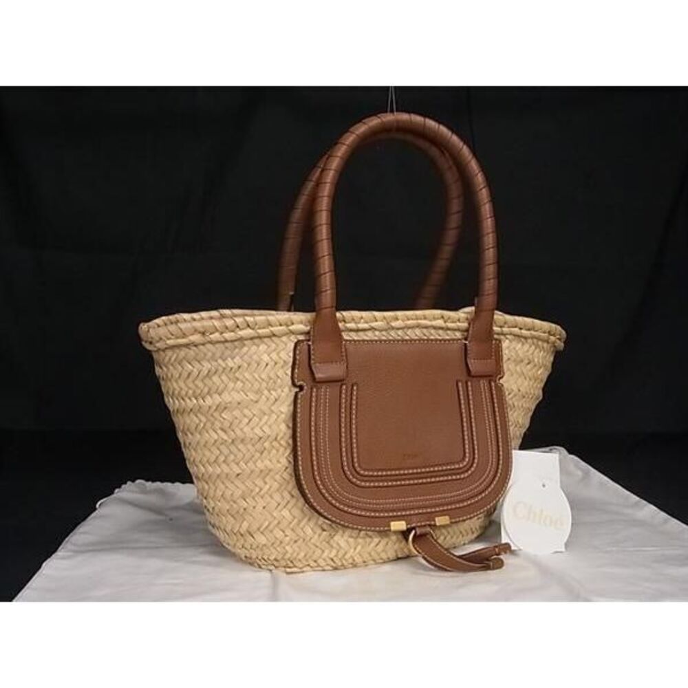 Chloe Marcie Raffia Basket Bag Handbag Beige Brown